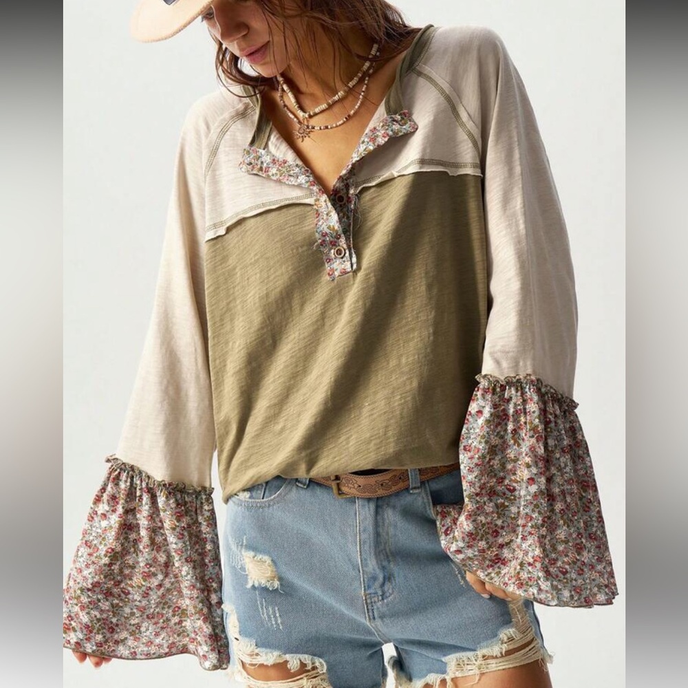 Boho Floral Bell Sleeve floral Top - Olive and Cream patchwork